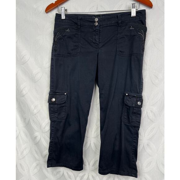 WHBM Cargo Embroidered Cropped Black Pants Size 0 - Picture 3 of 7